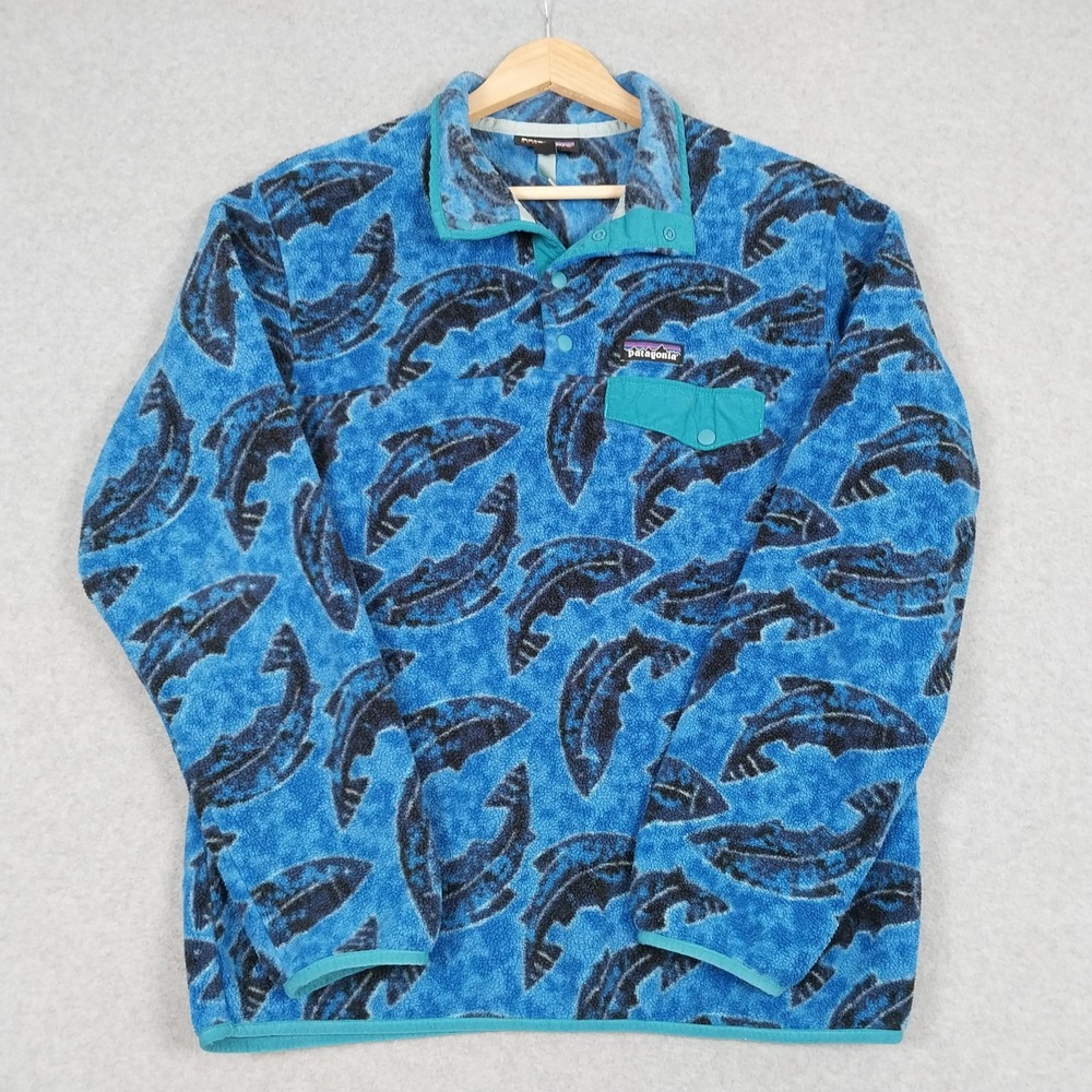 Patagonia Synchilla Womens Medium Blue Leaping Oasis  Snap-T Pullover Fish Trout